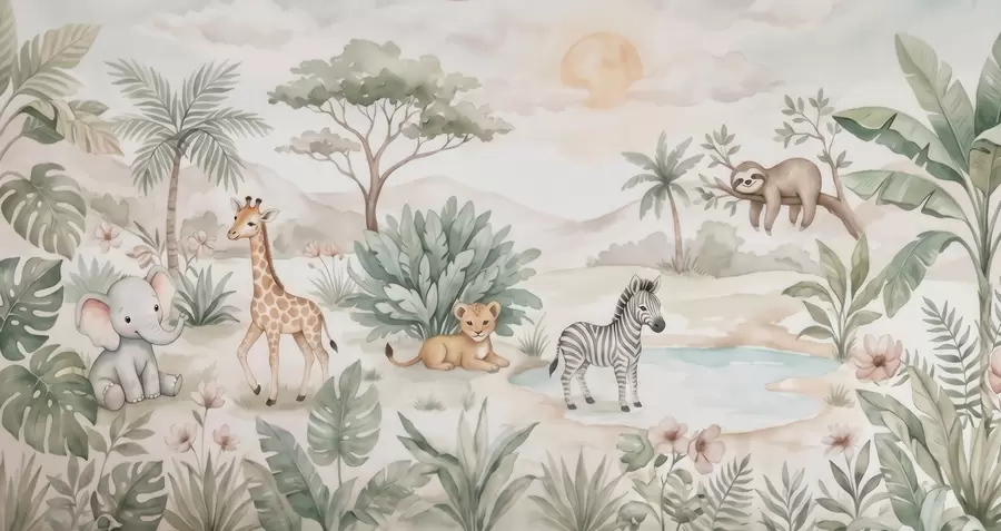 fototapet Scenă de safari pictată în acuarelă, cu animale redate în nuanțe delicate de pastel, în care apar o girafă, un pui de elefant, o zebră și un pui de leu w09888
