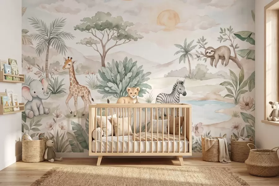 fototapet Scenă de safari pictată în acuarelă, cu animale redate în nuanțe delicate de pastel, în care apar o girafă, un pui de elefant, o zebră și un pui de leu w09888