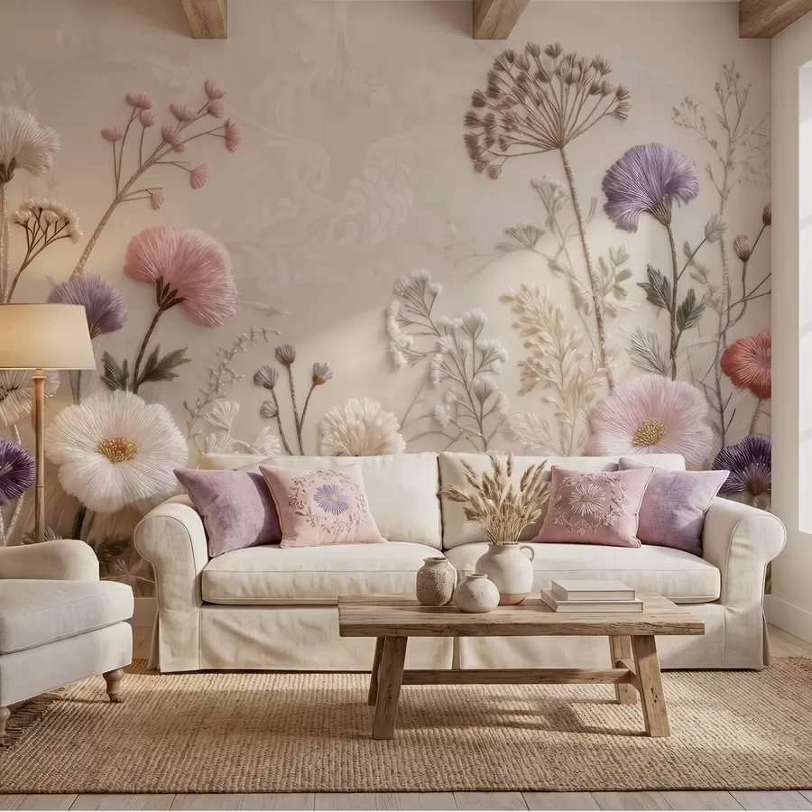 fototapet Flori de câmp tridimensionale, cu un efect de broderie realizată manual, într-o paletă de culori pastelate w09874