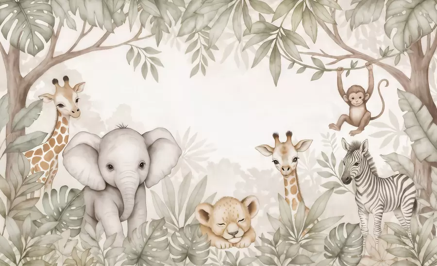 fototapet Animale de safari adorabile printre frunzișul tropical, în stil acuarelă w09885