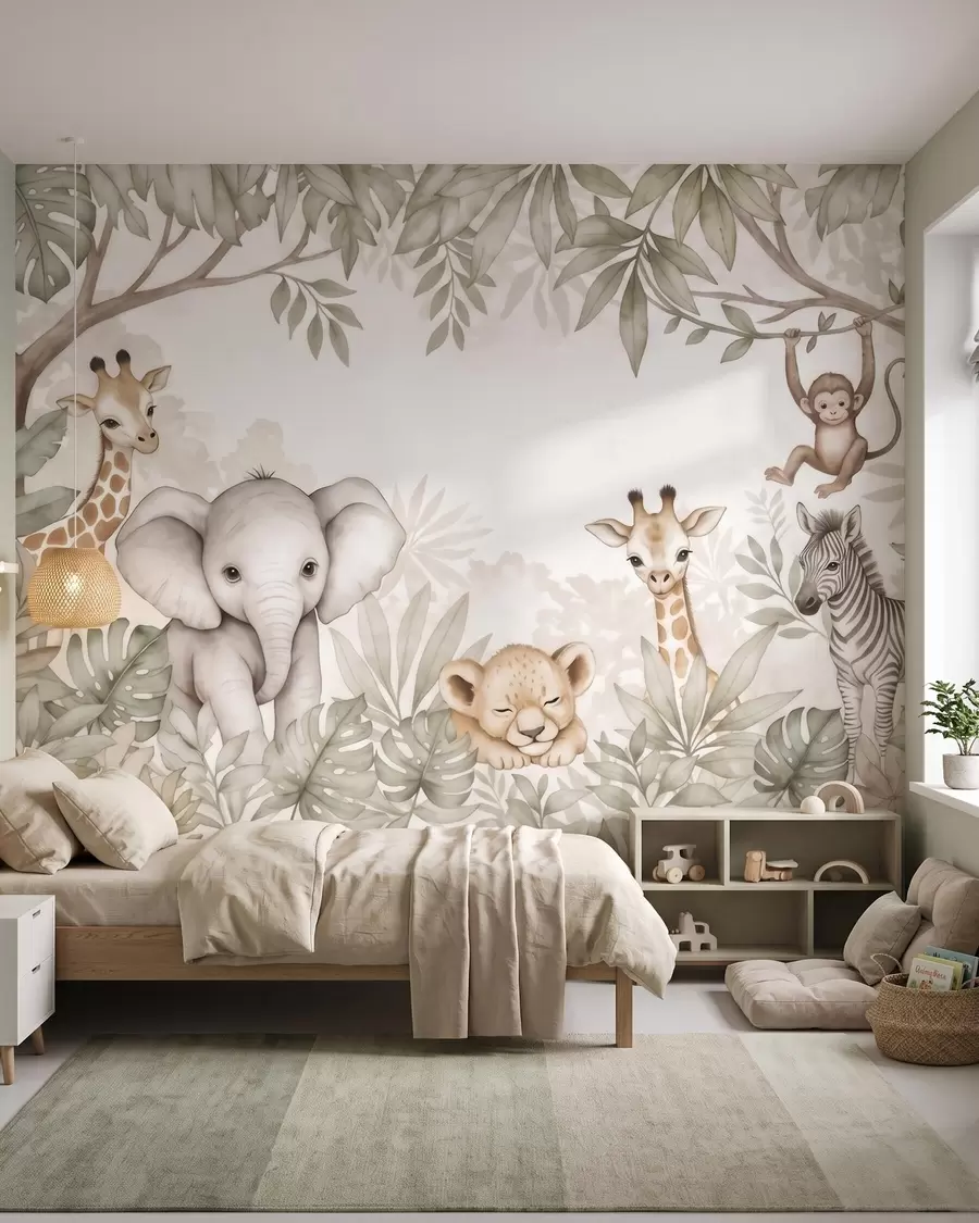 fototapet Animale de safari adorabile printre frunzișul tropical, în stil acuarelă w09885