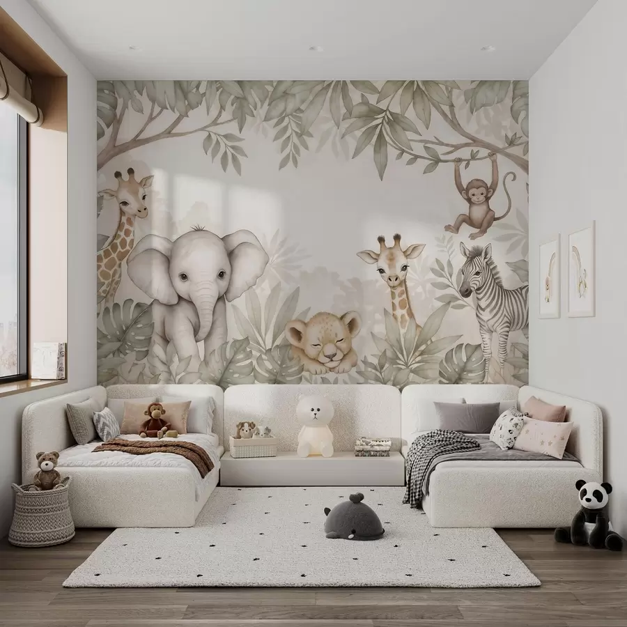 fototapet Animale de safari adorabile printre frunzișul tropical, în stil acuarelă w09885