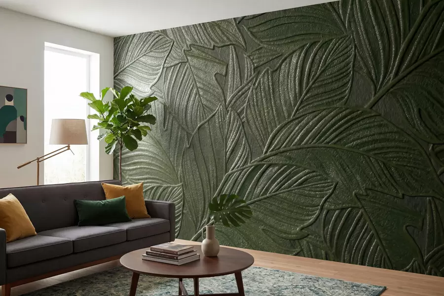 fototapet Frunze tropicale în relief, cu un contur delicat, în nuanțe de verde intens w09886v1