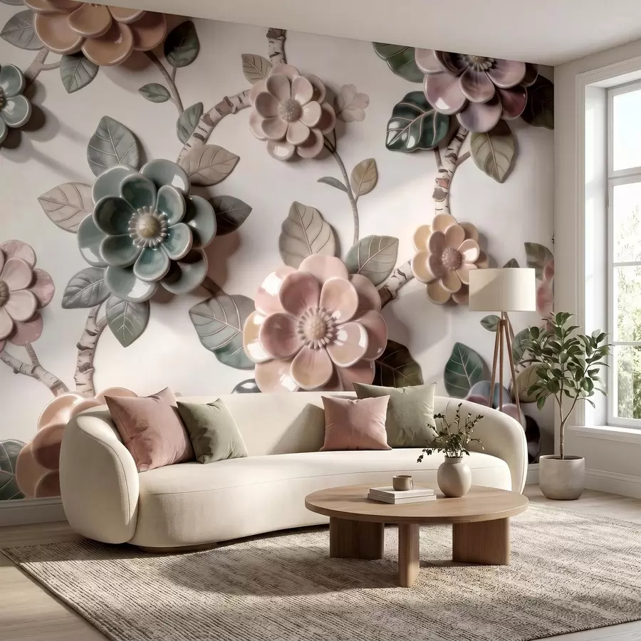 fototapet Flori ceramice tridimensionale într-o paletă de culori pastelate delicate w09887