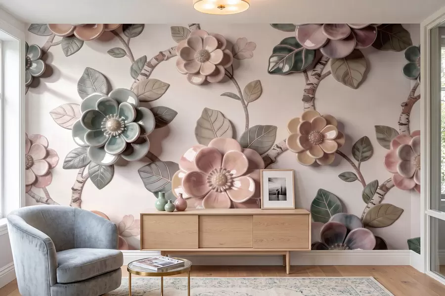 fototapet Flori ceramice tridimensionale într-o paletă de culori pastelate delicate w09887