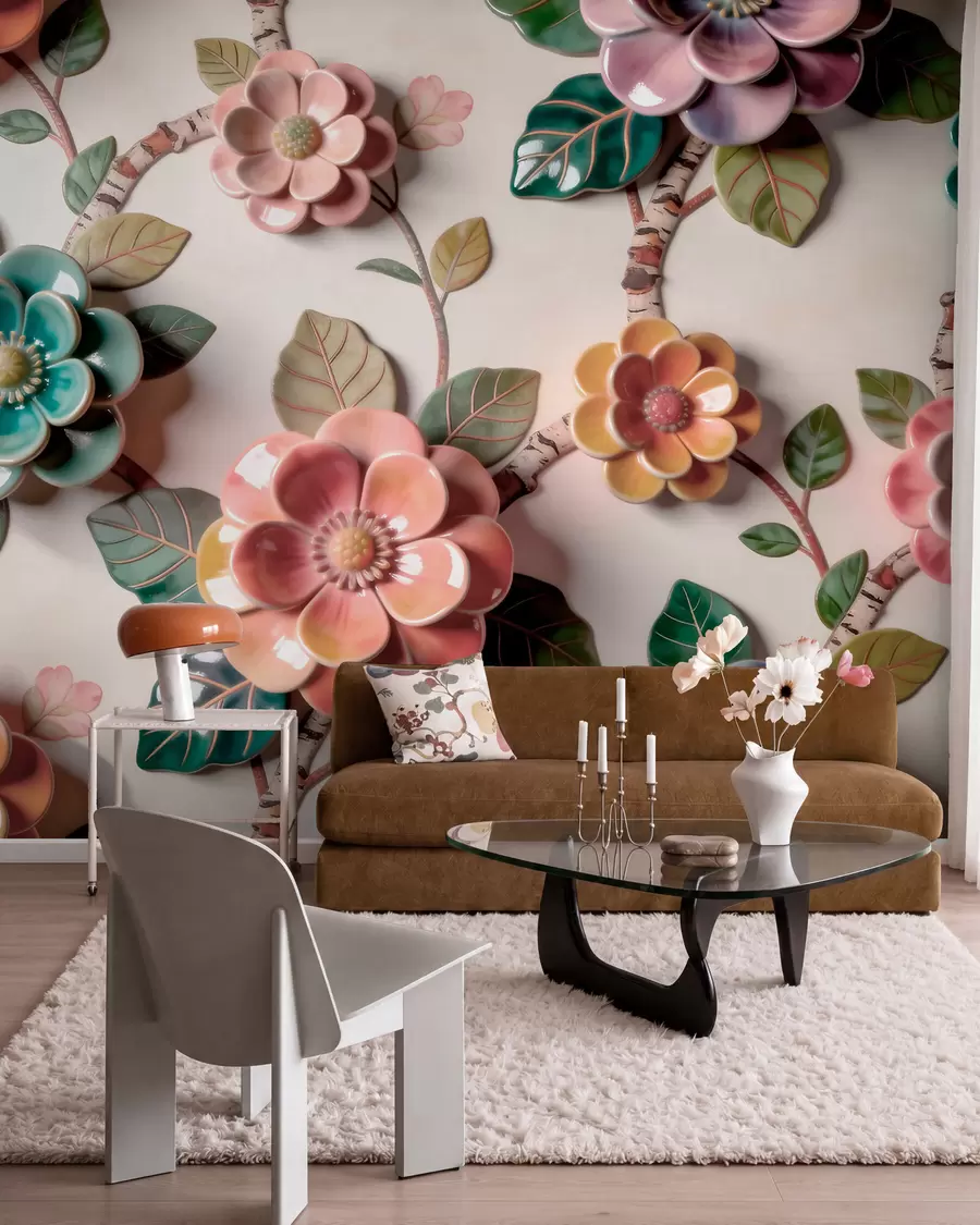 fototapet Flori și frunze ceramice tridimensionale într-o paletă de culori vibrante w09887v2