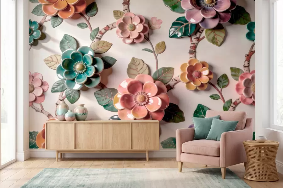 fototapet Flori și frunze ceramice tridimensionale într-o paletă de culori vibrante w09887v2