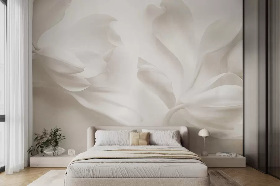 fototapet Flori de magnolie albe, cu textură și petale delicate, pe un fundal deschis, estompat w09771