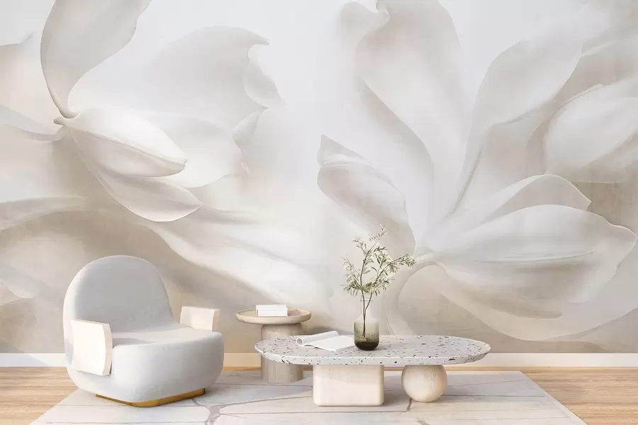 fototapet Flori de magnolie albe, cu textură și petale delicate, pe un fundal deschis, estompat w09771