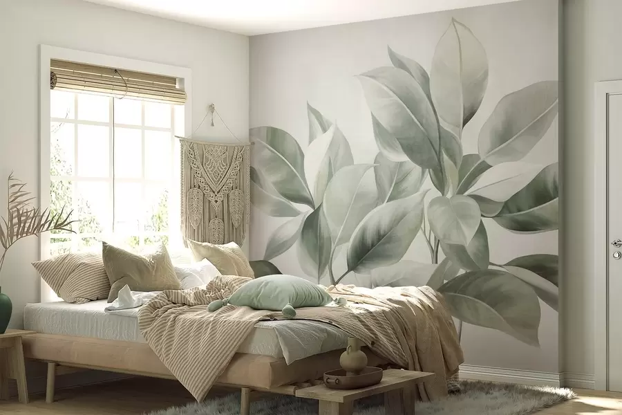 fototapet Frunze de un verde deschis pe un fundal pal și delicat, în stil boho cu textură w09909