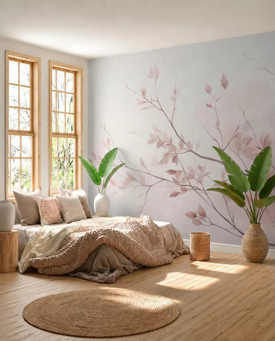 fototapet Ramuri delicate cu frunze de un roz pal, pe un fundal deschis, în stil acuarelă w09910