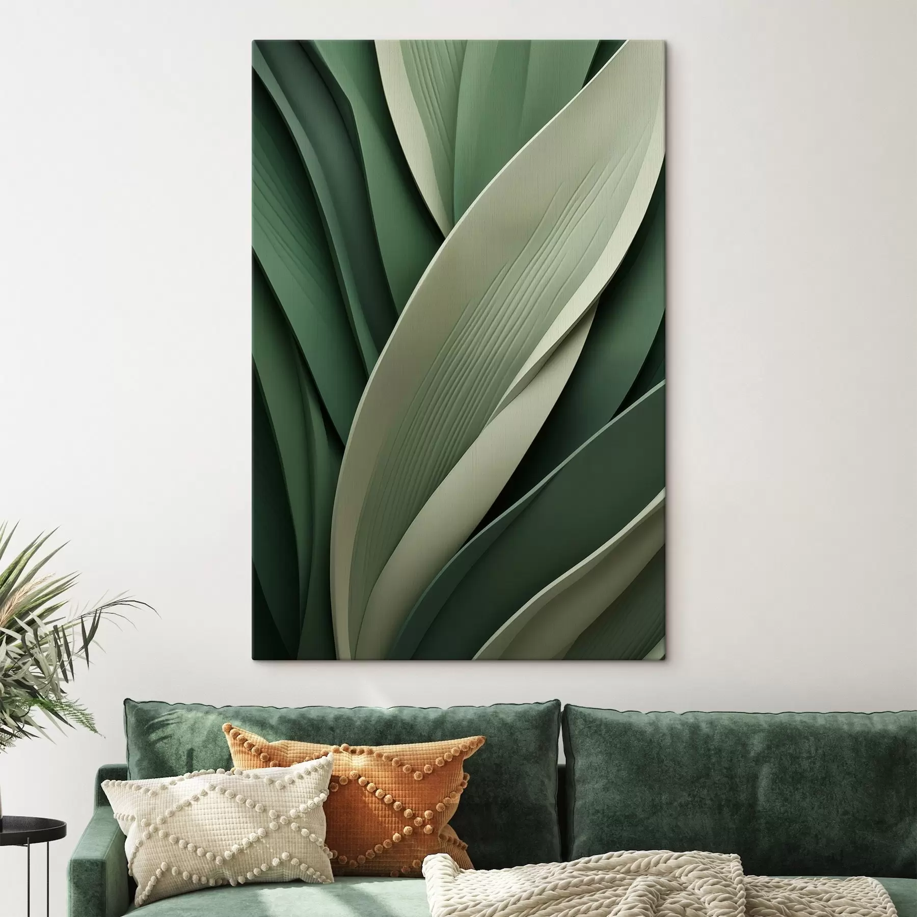 Tablouri Frunze verzi abstracte, dispuse în straturi, cu accente subtile de crem s49766