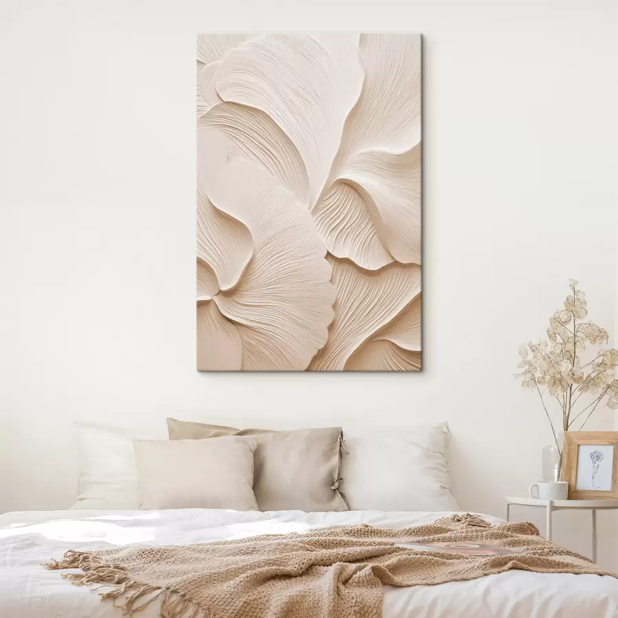 Tablouri Frunze stratificate, de culoare crem, care formează motive florale abstracte, artă texturată s49770