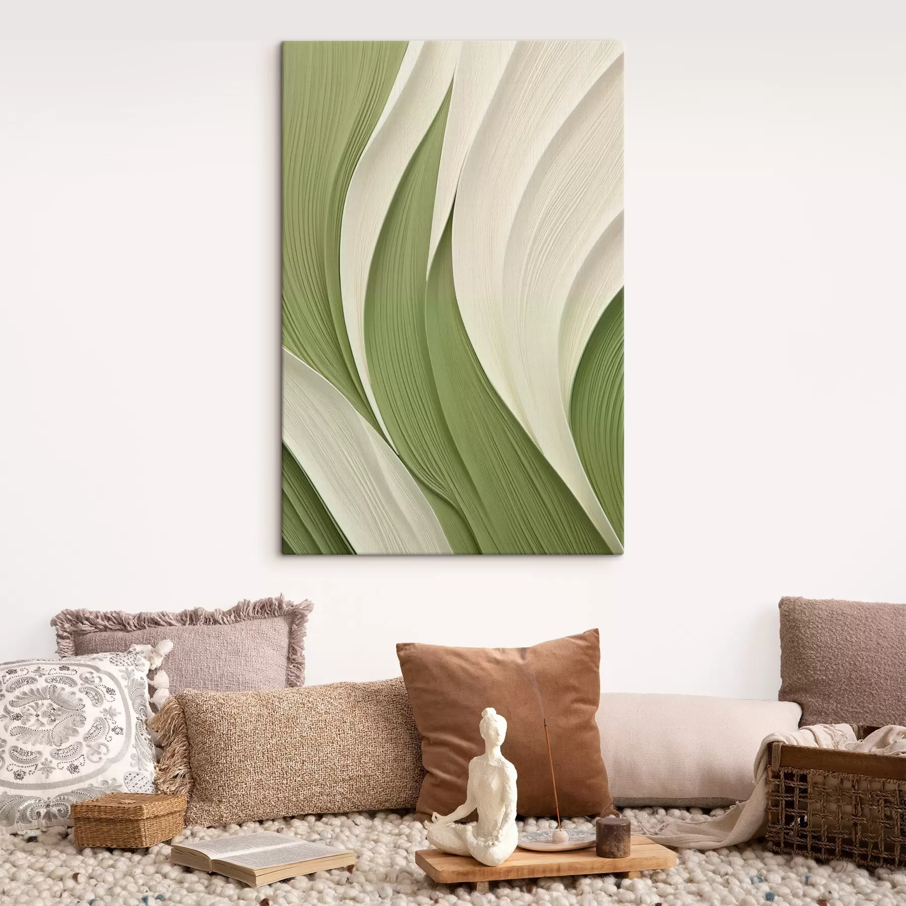 Tablouri Textură abstractă, curgătoare, în nuanțe de verde și crem s49772