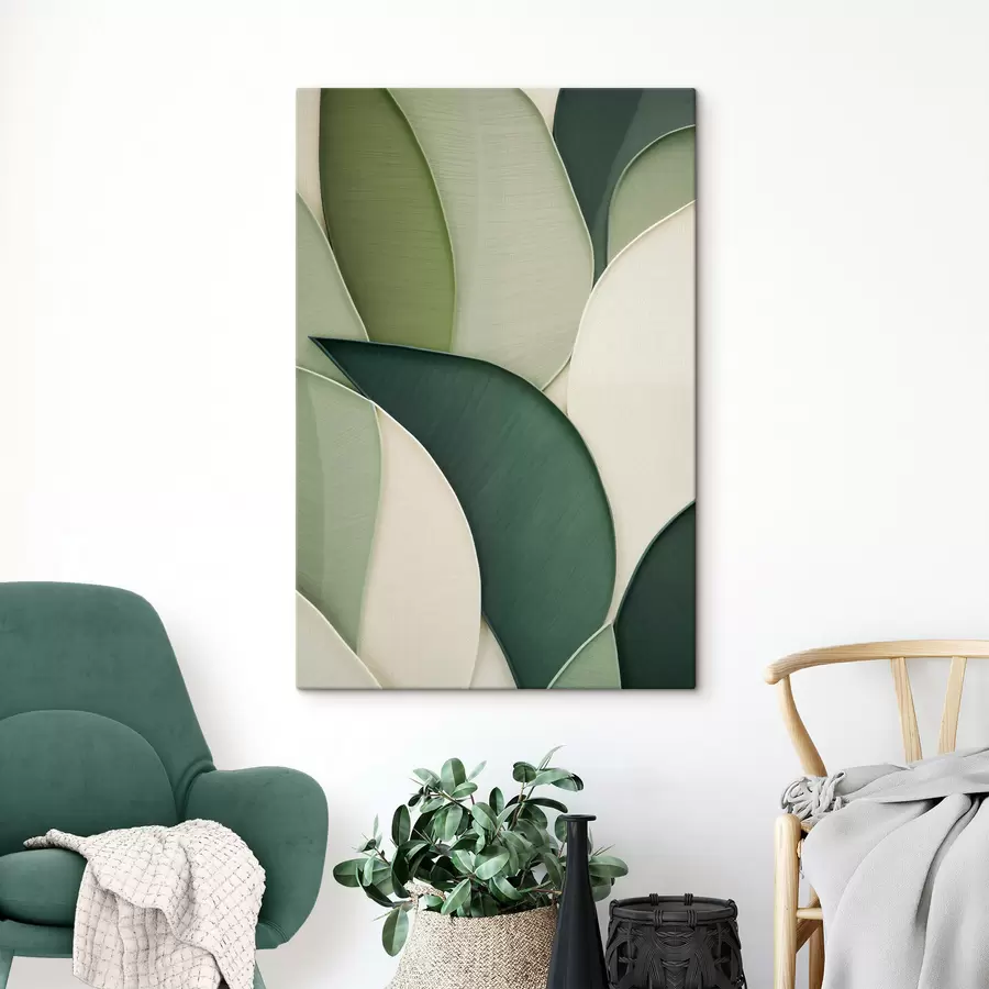 Tablouri Artă abstractă cu forme organice suprapuse, în nuanțe de verde și crem s49777