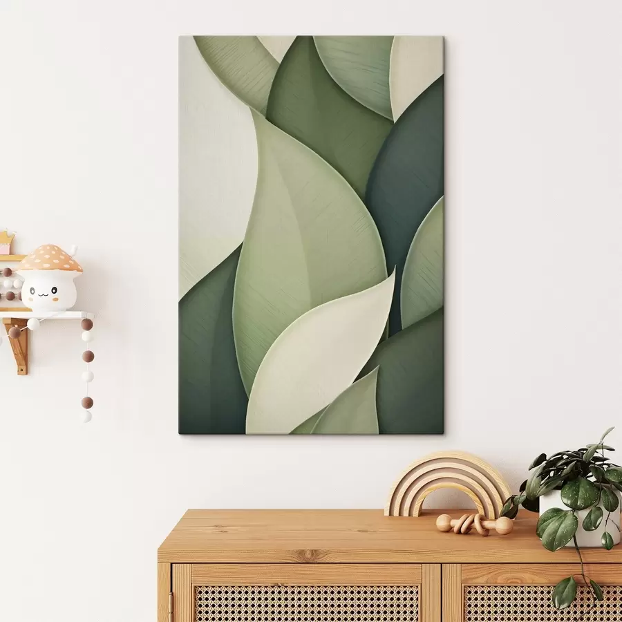 Tablouri Artă abstractă cu forme organice suprapuse, în nuanțe de verde și crem s49778
