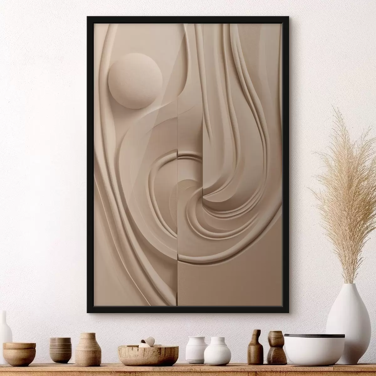 Poster O operă de artă abstractă, de culoare bej, cu textură, linii fluide și o sferă f49775