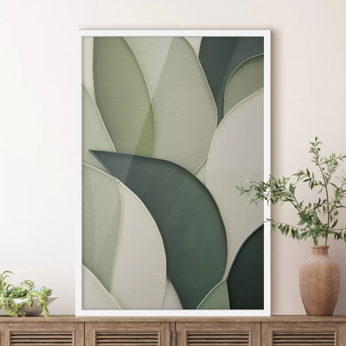 Poster Artă abstractă cu forme organice suprapuse, în nuanțe de verde și crem f49777