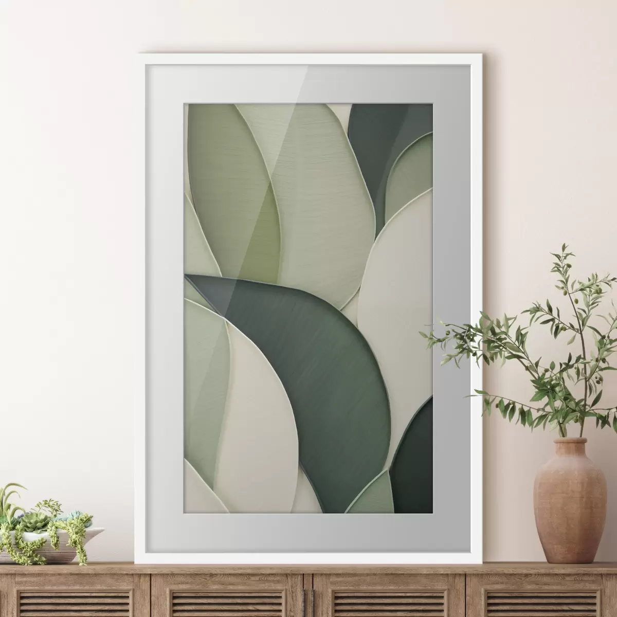 Poster Artă abstractă cu forme organice suprapuse, în nuanțe de verde și crem f49777