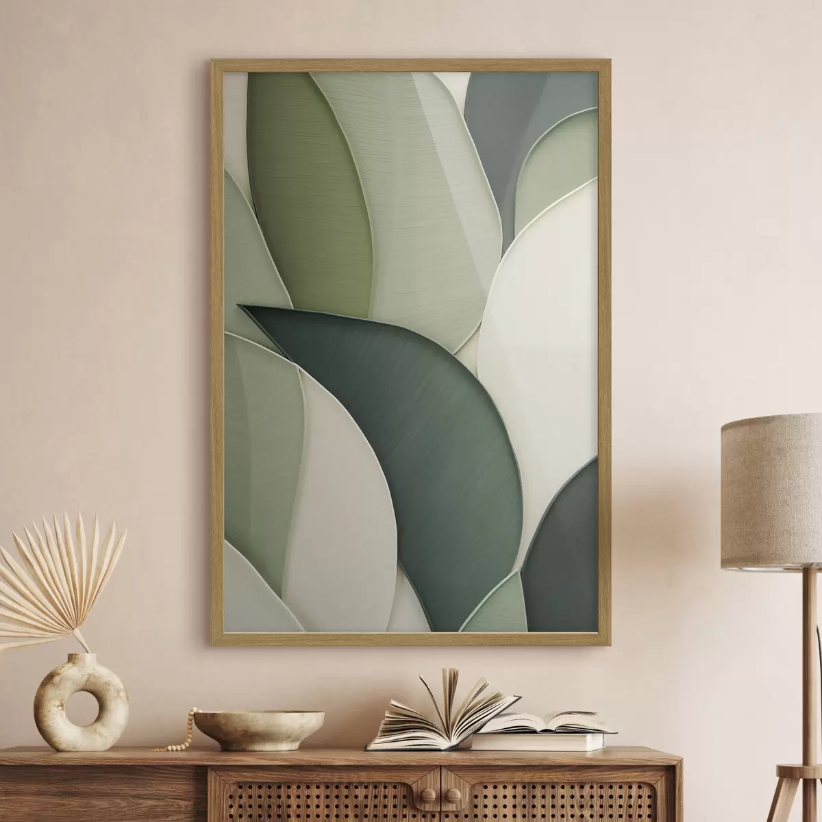 Poster Artă abstractă cu forme organice suprapuse, în nuanțe de verde și crem f49777