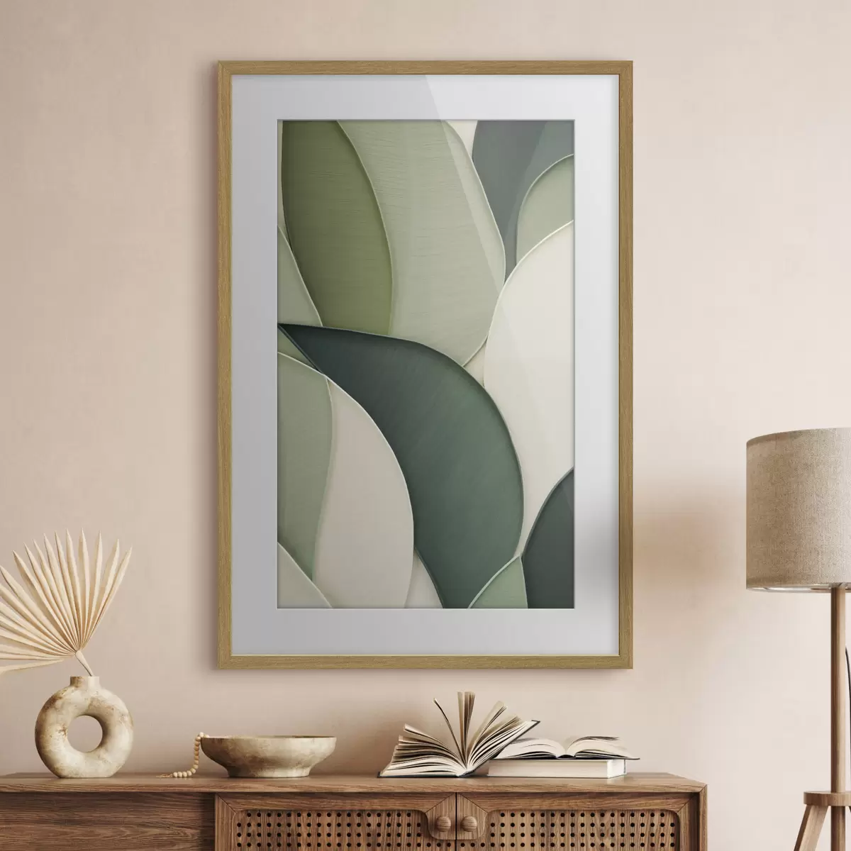 Poster Artă abstractă cu forme organice suprapuse, în nuanțe de verde și crem f49777
