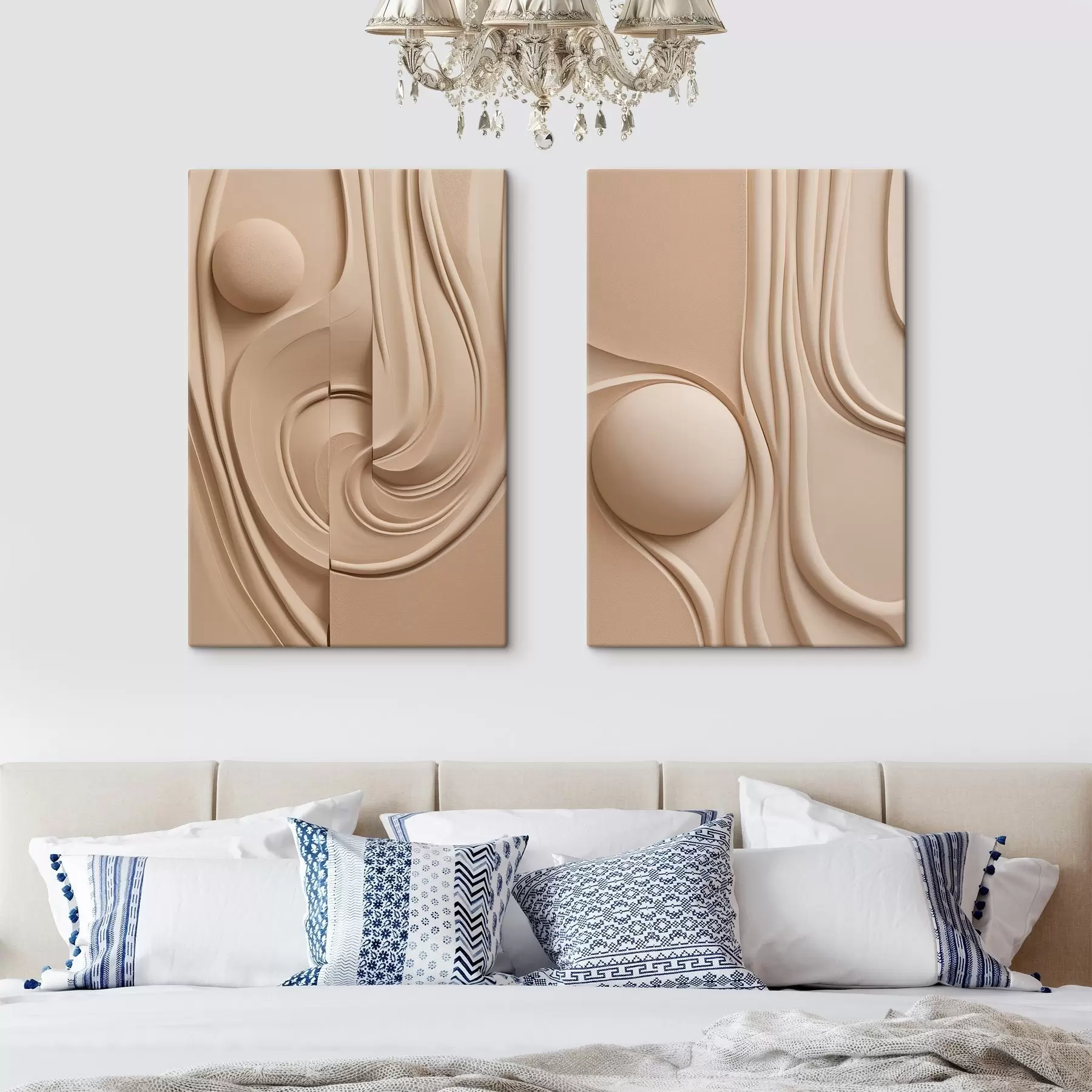 Tablouri O operă de artă abstractă, de culoare bej, cu textură, linii fluide și o sferă m30683