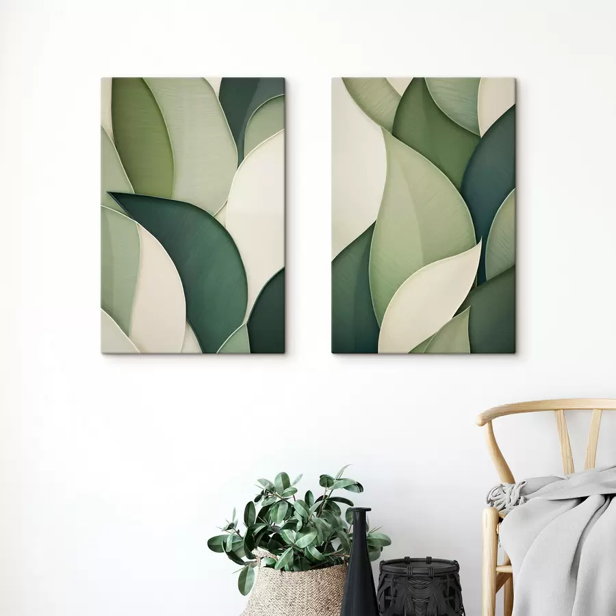 Tablouri Artă abstractă cu forme organice suprapuse, în nuanțe de verde și crem m30684
