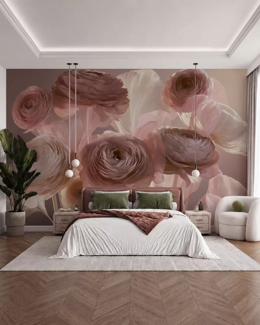 fototapet Flori mari de ranunculus, cu aspect artistic, în nuanțe delicate de roz și crem w09921