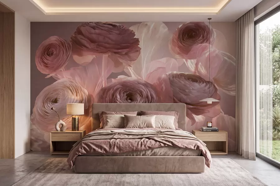 fototapet Flori mari de ranunculus, cu aspect artistic, în nuanțe delicate de roz și crem w09921