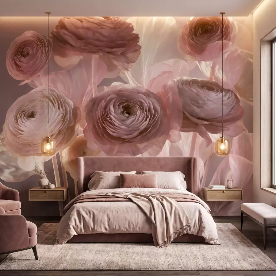 fototapet Flori mari de ranunculus, cu aspect artistic, în nuanțe delicate de roz și crem w09921