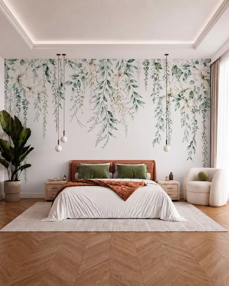 fototapet Flori care se revarsă și frunziș verde pe un fundal deschis w05736