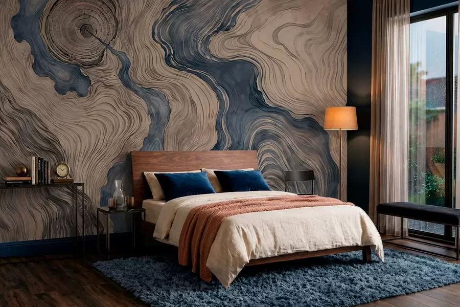 fototapet Un model abstract cu un desen liniar care imită fibrele lemnului, în nuanțe de albastru w05729v1