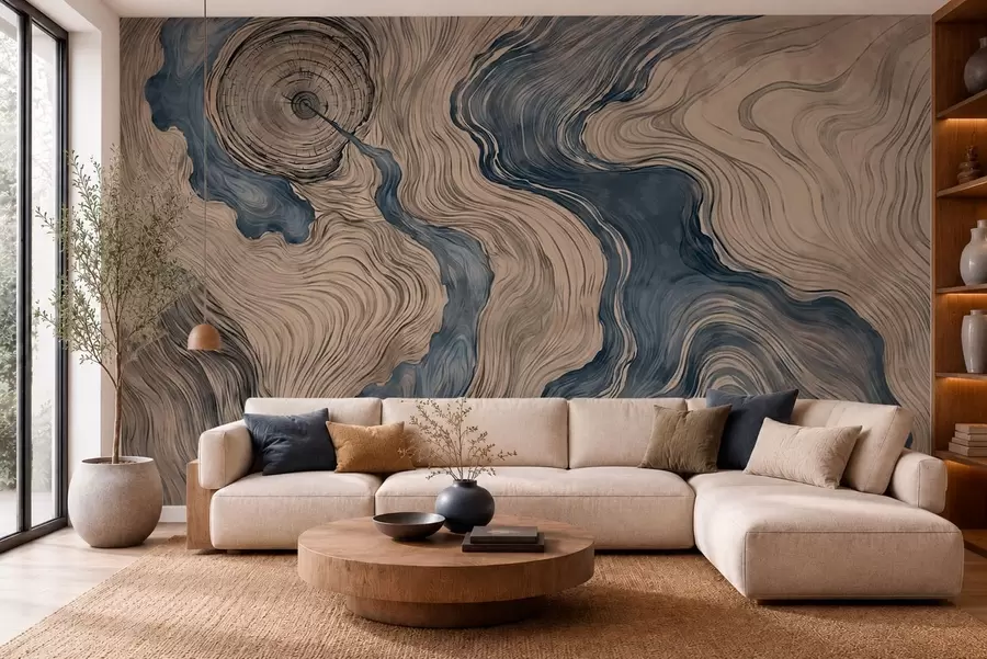 fototapet Un model abstract cu un desen liniar care imită fibrele lemnului, în nuanțe de albastru w05729v1