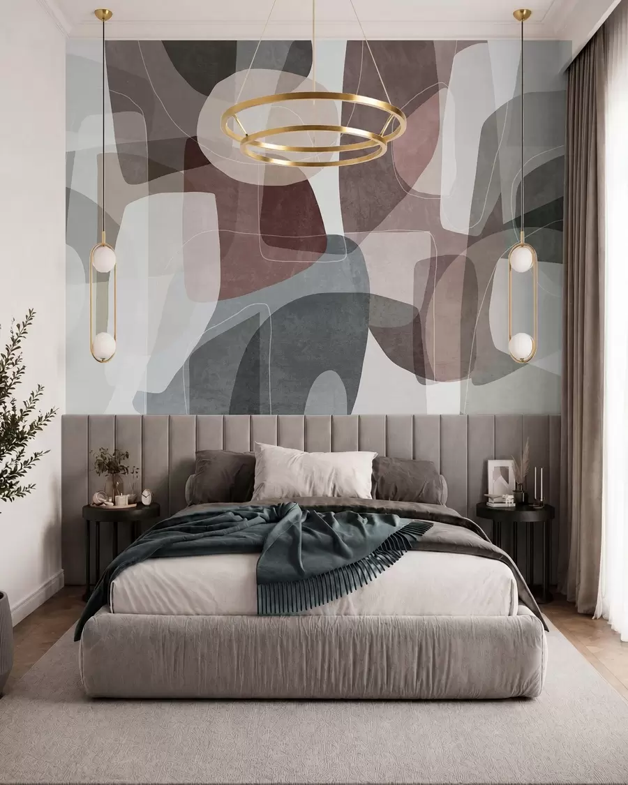 fototapet Forme abstracte în nuanțe discrete de pământ, cu linii subțiri albe și texturi suprapuse w09942