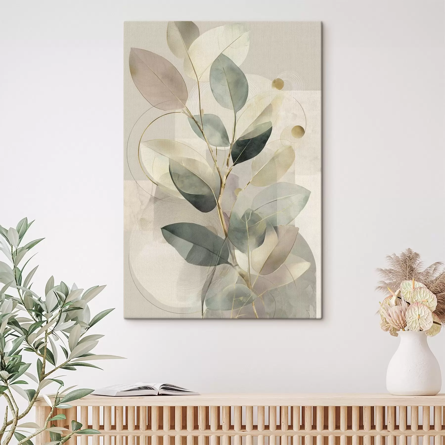Tablouri Operă de artă abstractă minimalistă cu tematică botanică, reprezentând o ramură de măslin elegantă, cu frunze într-o nuanță delicată de verde salvie și bej cald s49878