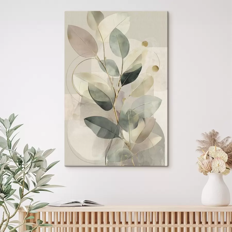 Tablouri Operă de artă abstractă minimalistă cu tematică botanică, reprezentând o ramură de măslin elegantă, cu frunze într-o nuanță delicată de verde salvie și bej cald s49878