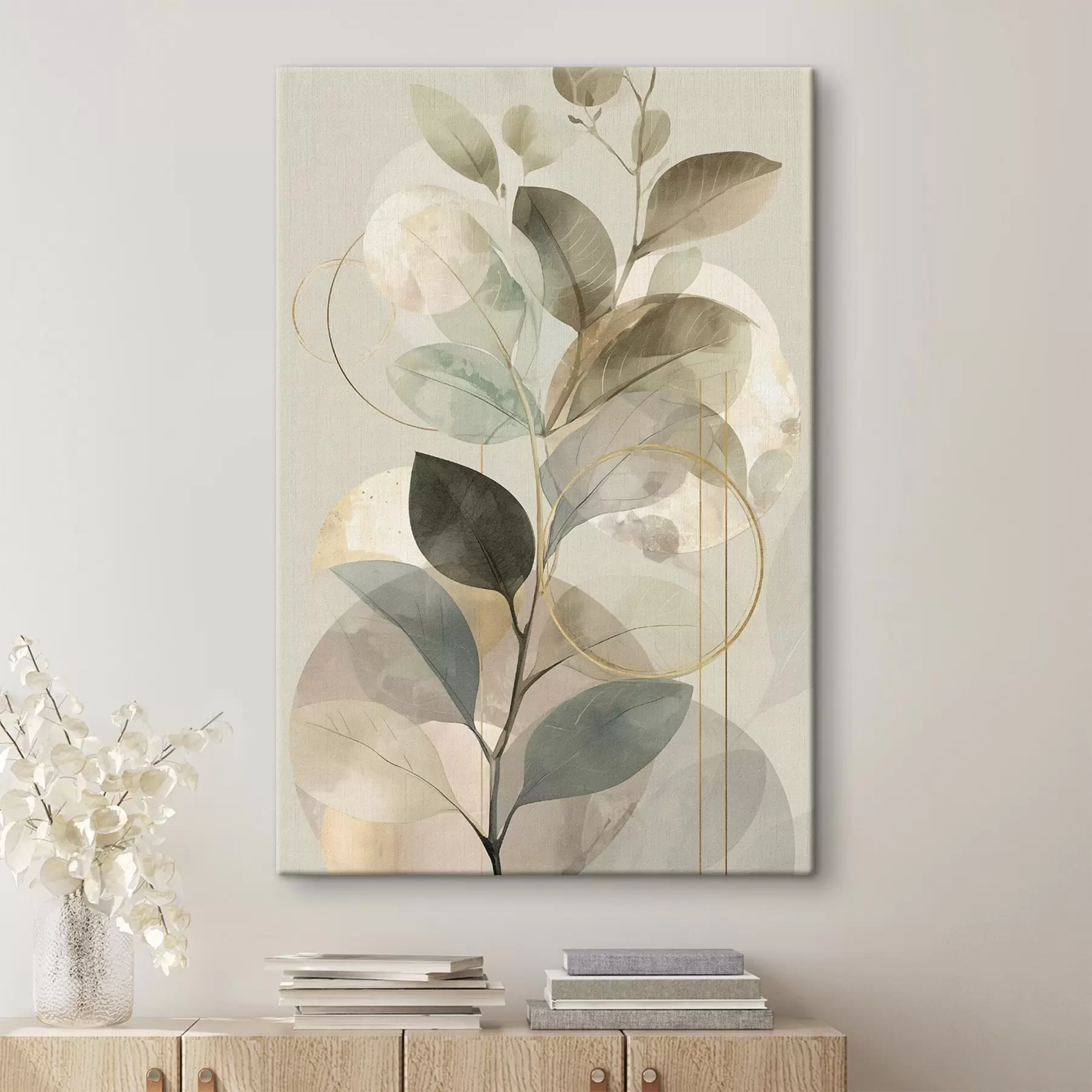 Tablouri Operă de artă abstractă minimalistă cu tematică botanică, reprezentând o ramură de măslin elegantă, cu frunze într-o nuanță delicată de verde salvie și bej cald s49879