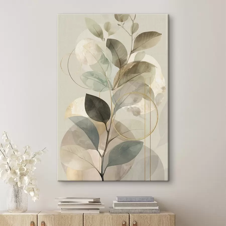 Tablouri Operă de artă abstractă minimalistă cu tematică botanică, reprezentând o ramură de măslin elegantă, cu frunze într-o nuanță delicată de verde salvie și bej cald s49879