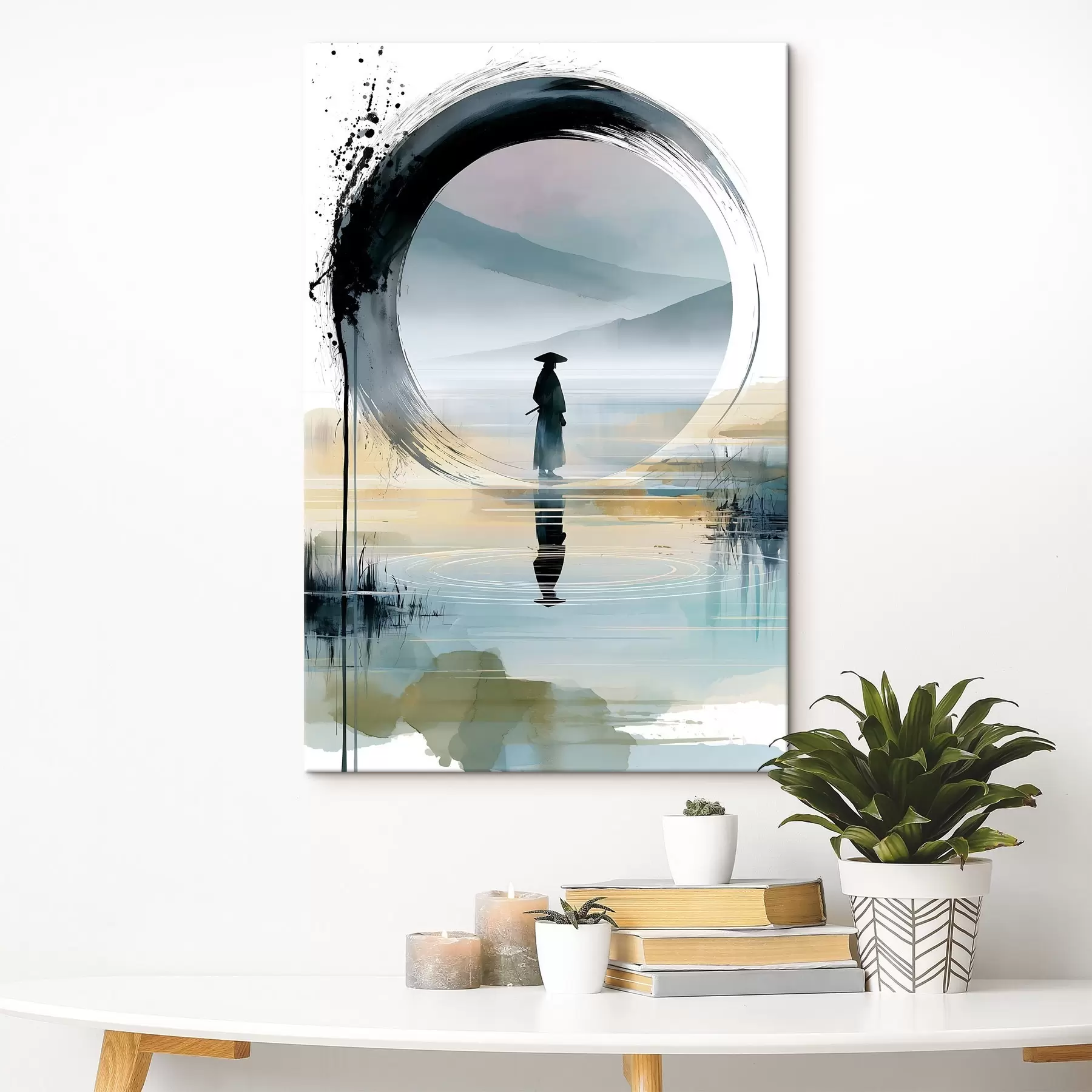 Tablouri O ilustrație zen contemporană în care apar un samurai, un cerc enso, un peisaj pictat în acuarelă și o reflecție în oglindă s49880
