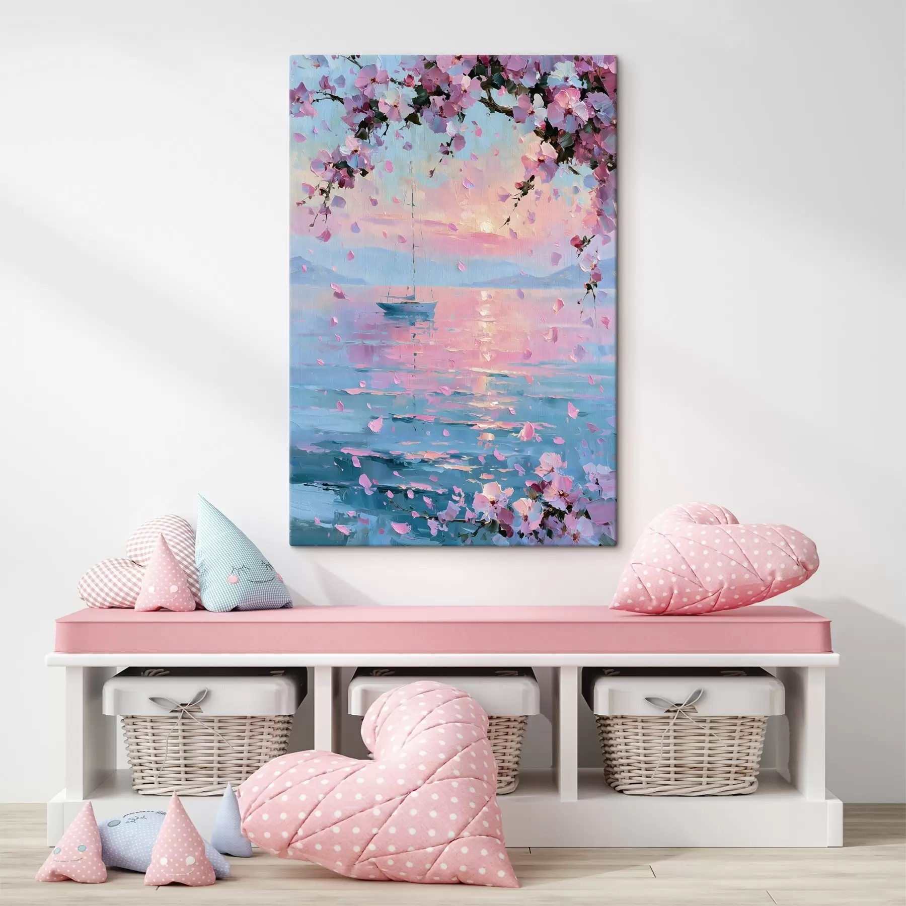 Tablouri Un iaht alb și elegant pe mare, la apusul soarelui, sub ramurile înflorite ale unui cireș sakura roz, în stilul unei picturi în ulei s49883