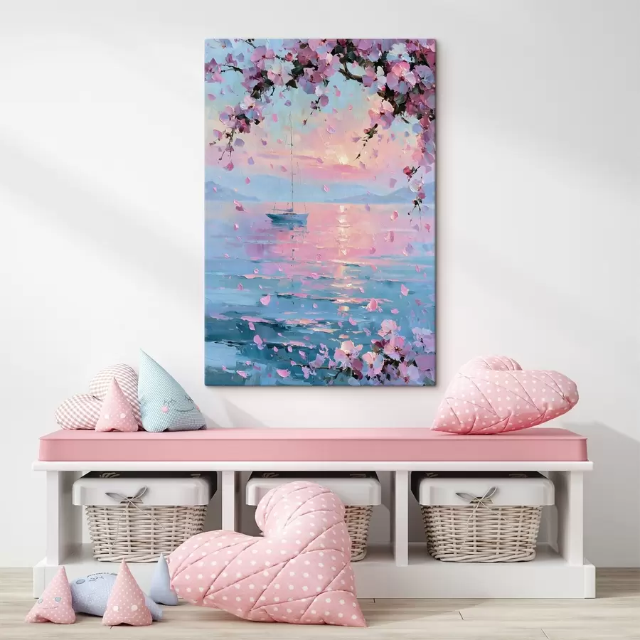 Tablouri Un iaht alb și elegant pe mare, la apusul soarelui, sub ramurile înflorite ale unui cireș sakura roz, în stilul unei picturi în ulei s49883
