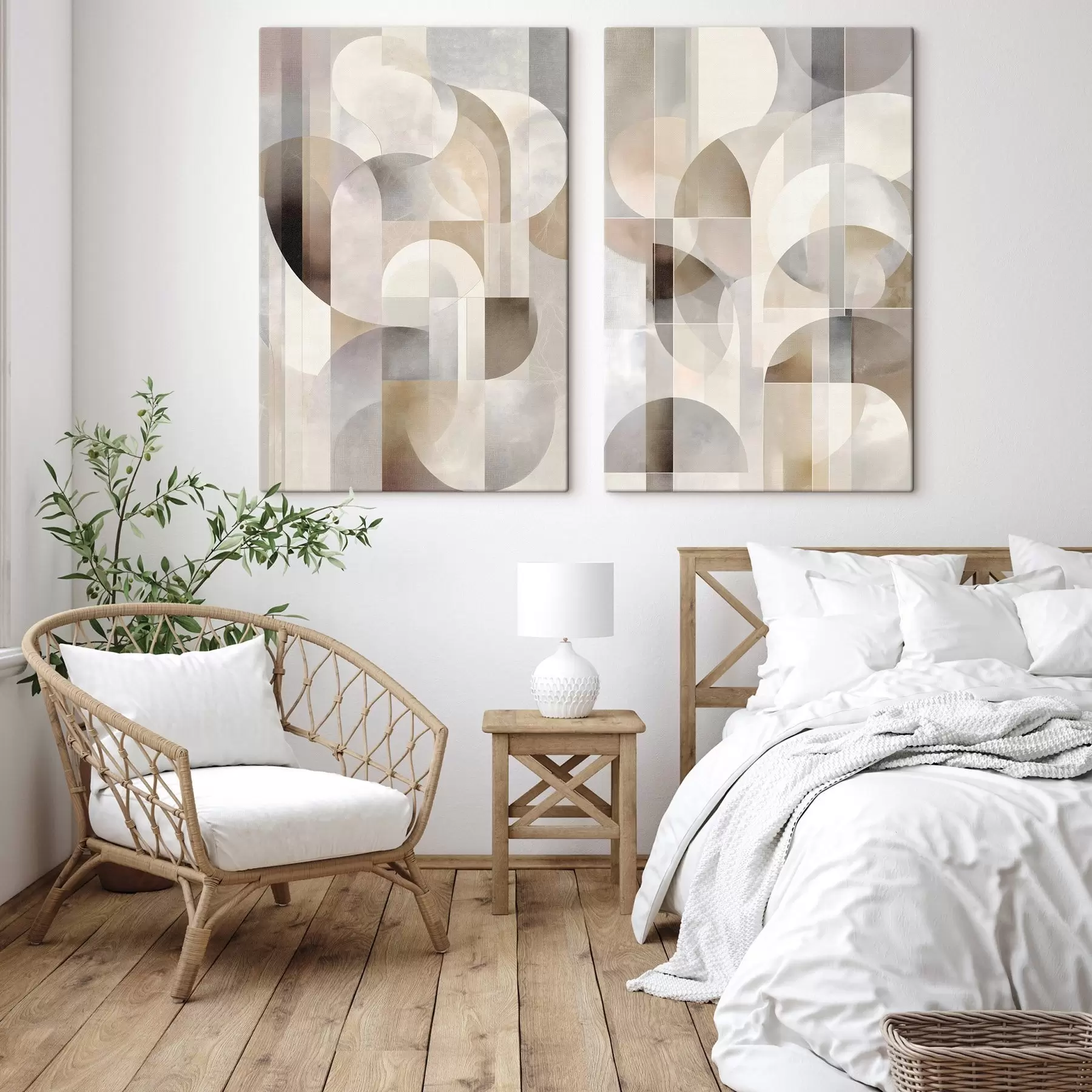 Tablouri O compoziție minimalistă, geometrică și abstractă, realizată într-o paletă de nuanțe delicate de bej, crem, gri-maro și gri-bej m30725