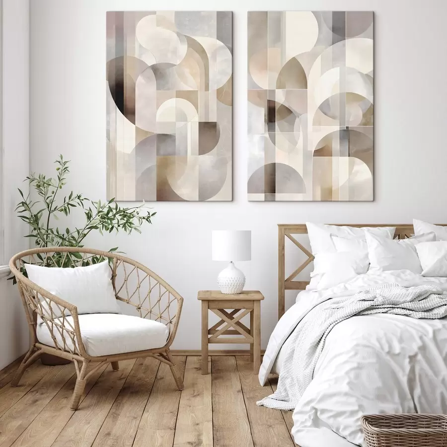 Tablouri O compoziție minimalistă, geometrică și abstractă, realizată într-o paletă de nuanțe delicate de bej, crem, gri-maro și gri-bej m30725