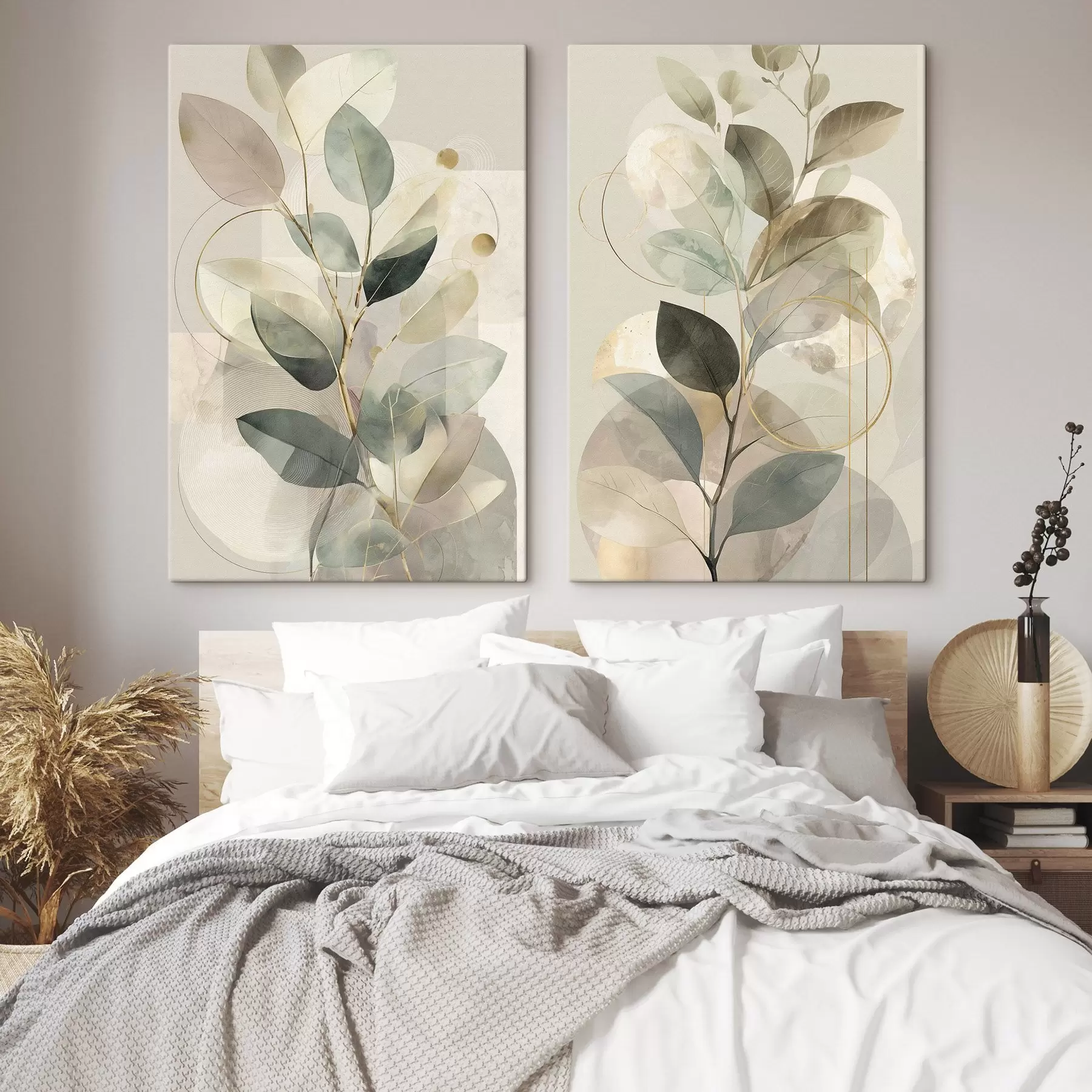 Tablouri Operă de artă abstractă minimalistă cu tematică botanică, reprezentând o ramură de măslin elegantă, cu frunze într-o nuanță delicată de verde salvie și bej cald m30726