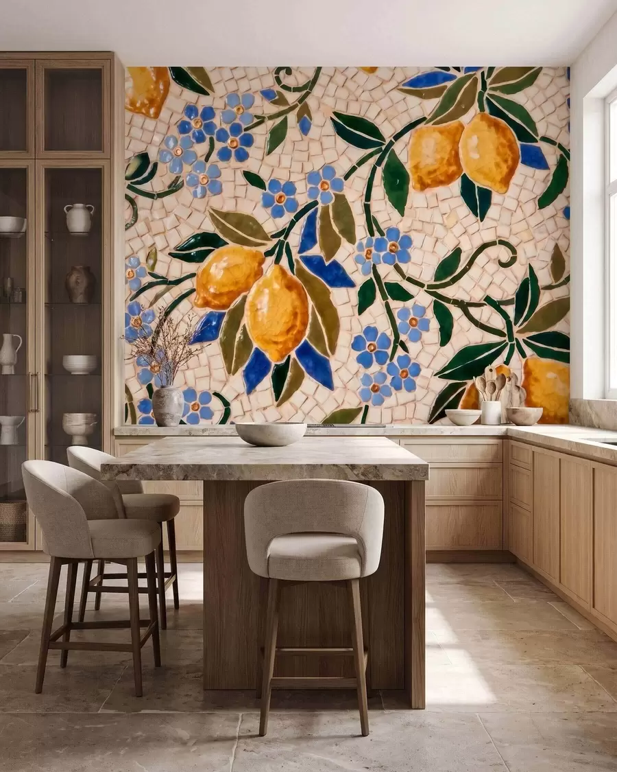 fototapet Compoziție decorativă luminoasă în stil mozaic ceramic, cu lămâi suculente, flori, frunze și ramuri w09948
