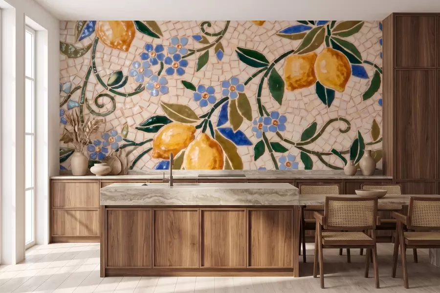 fototapet Compoziție decorativă luminoasă în stil mozaic ceramic, cu lămâi suculente, flori, frunze și ramuri w09948