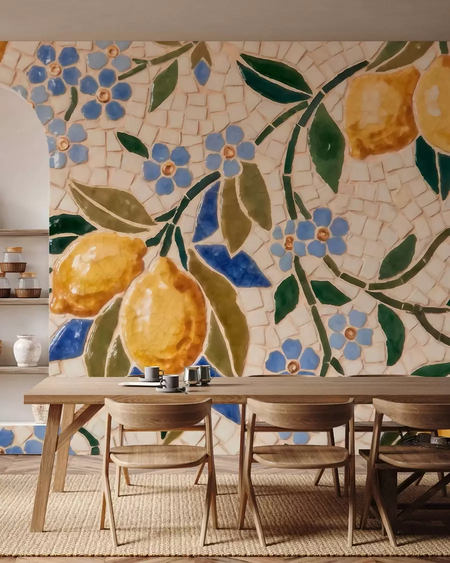 fototapet Compoziție decorativă luminoasă în stil mozaic ceramic, cu lămâi suculente, flori, frunze și ramuri w09948
