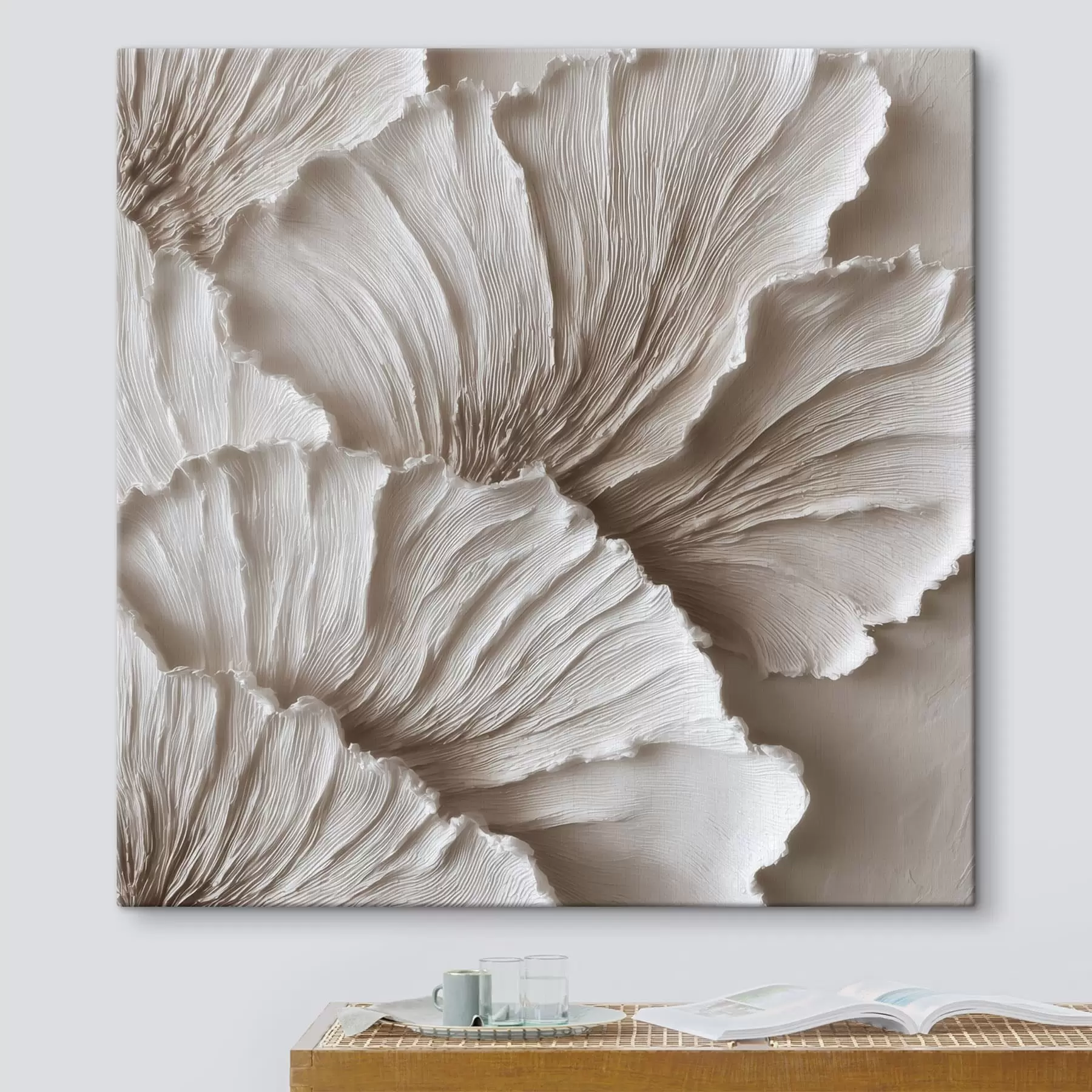 fototapet Abstracție texturată cu petale ondulate, cu relief, în nuanțe deschise s49709