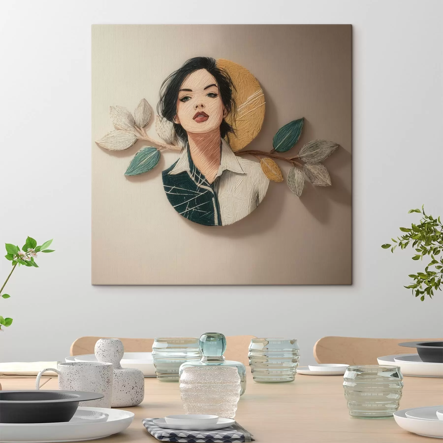 Tablouri Compoziție decorativă reprezentând un portret feminin și frunze, realizată în stil grafic s49710