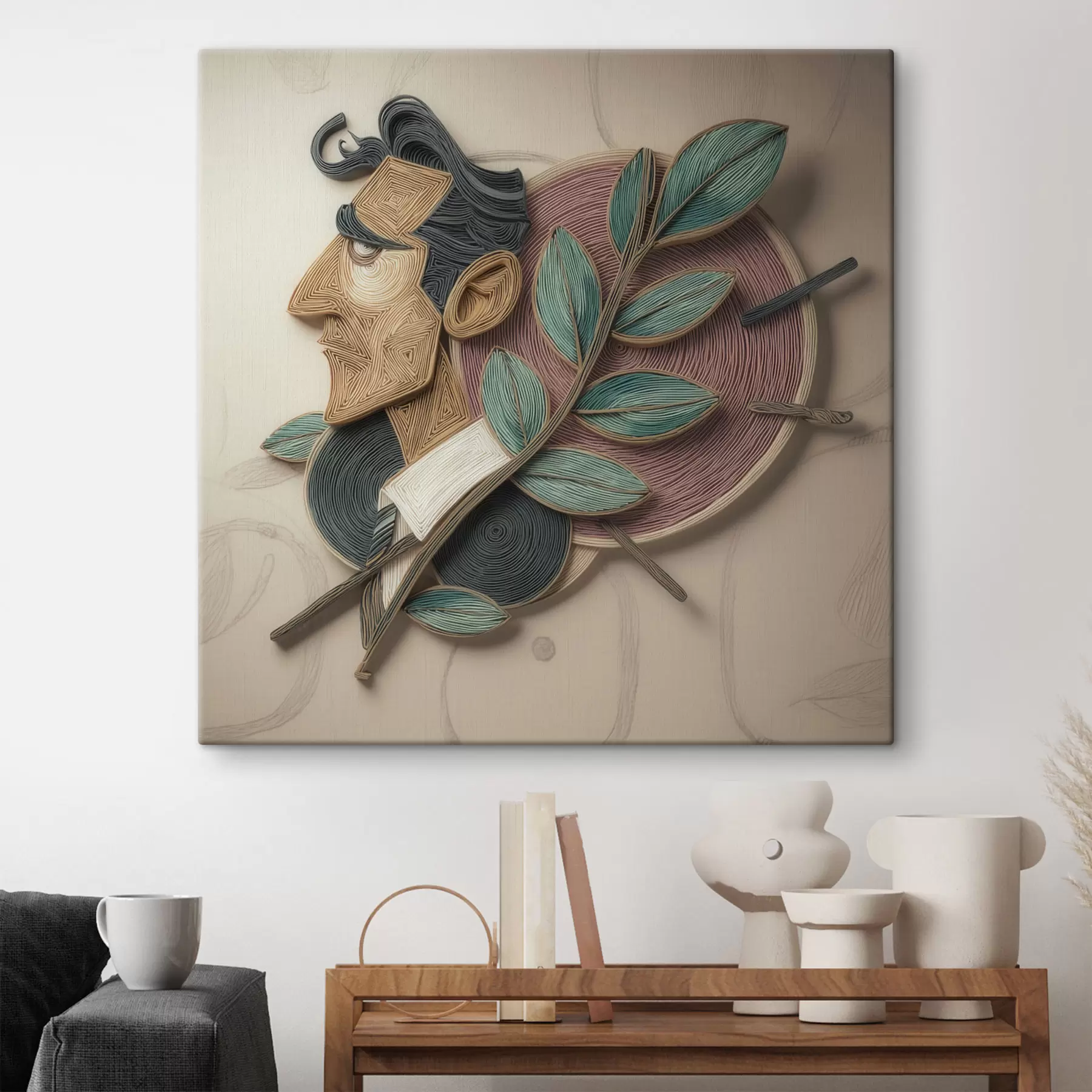 Tablouri Portret abstract al unui bărbat cu o ramură frunzoasă, realizat într-un stil de ilustrație cu textură s49711
